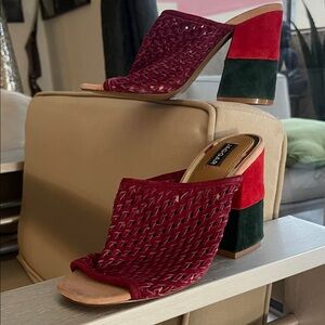 Elegant Burgundy and Green Block Heel Mules